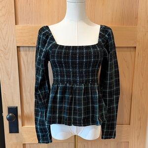 Old Navy Black and Green Plaid Smocked Blouse